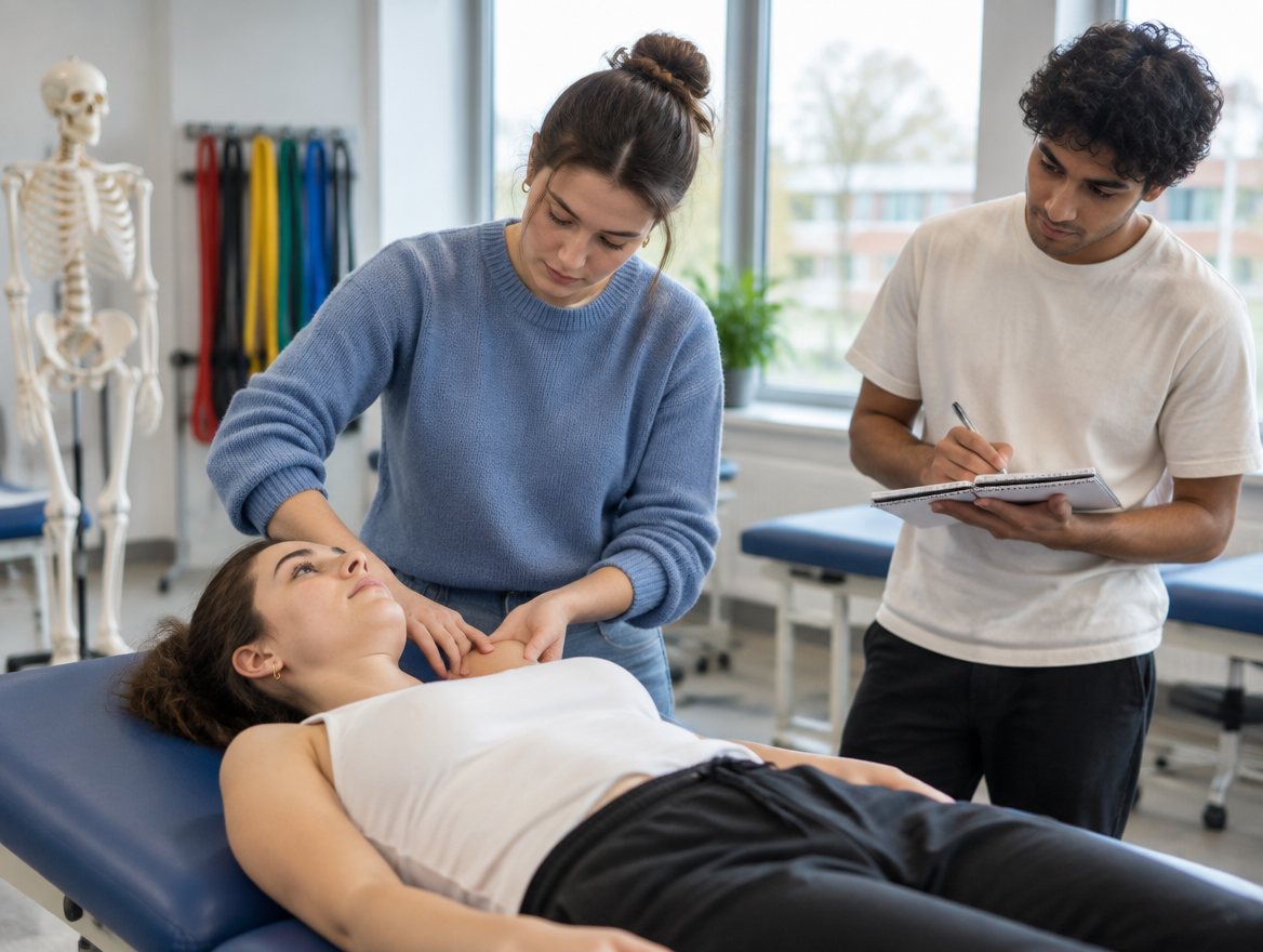 Studenten kinesitherapie oefenen op elkaar in een skillslab